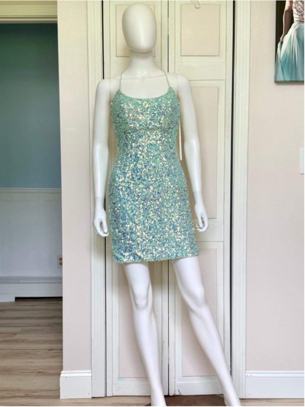 Size 4 Amelia Couture 5099S Mint Sequin Mini Dress Homecoming Hoco Tie Up Back